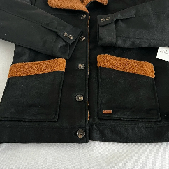Brixton Nouvelle Coat Sherpa Lined Size Medium Black/Brown Button Closure Peacoa - Picture 8 of 13
